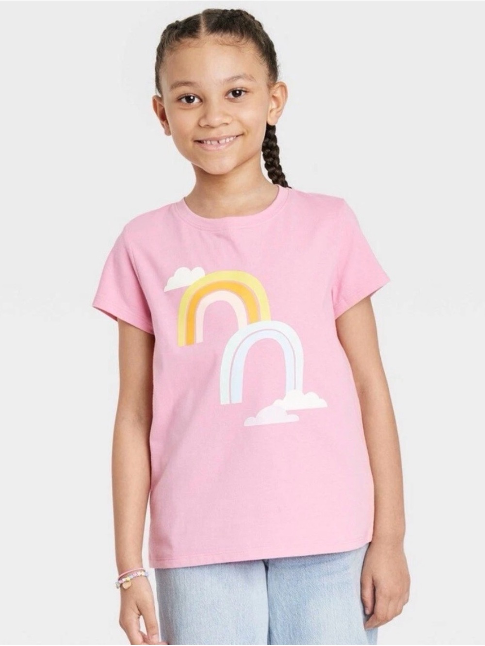 Cat & Jack Pink Tee with Pastel Rainbow Motif
